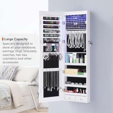 GISSAR Full Length Mirror Jewelry Cabinet, 6 LEDs Jewelry Armoire Wall Mounted Over The Door Hanging, Jewelry Organizer Storage with Lights Lockable White