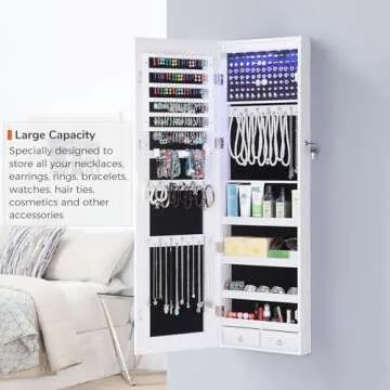 GISSAR Full Length Mirror Jewelry Cabinet, 6 LEDs Jewelry Armoire Wall Mounted Over The Door Hanging, Jewelry Organizer Storage with Lights Lockable White