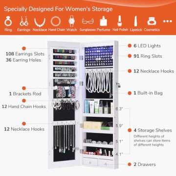 GISSAR Full Length Mirror Jewelry Cabinet, 6 LEDs Jewelry Armoire Wall Mounted Over The Door Hanging, Jewelry Organizer Storage with Lights Lockable White