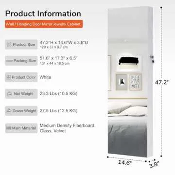 GISSAR Full Length Mirror Jewelry Cabinet, 6 LEDs Jewelry Armoire Wall Mounted Over The Door Hanging, Jewelry Organizer Storage with Lights Lockable White