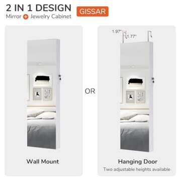 GISSAR Full Length Mirror Jewelry Cabinet, 6 LEDs Jewelry Armoire Wall Mounted Over The Door Hanging, Jewelry Organizer Storage with Lights Lockable White