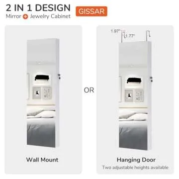 GISSAR Full Length Mirror Jewelry Cabinet, 6 LEDs Jewelry Armoire Wall Mounted Over The Door Hanging, Jewelry Organizer Storage with Lights Lockable White