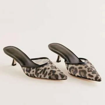 ZJGZF Leopard Mesh Kitten Heels Mules for Women Closed Pointed Toe Slip on Backless Stiletto Slingback Low Heels Comfort Pumps Shoes