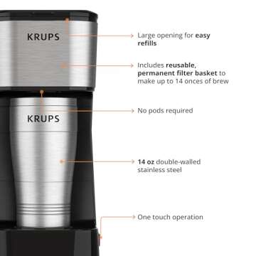 KRUPS: 2 Cup Coffee Maker, Simply Brew Stainless Steel Single Serve Drip Coffee Machine and Travel Tumbler 14 Ounce Stainless Steel Tumbler Included 650 Watts Coffee Filter, Compact Silver and Black