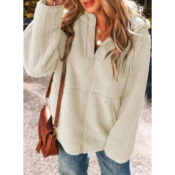 EVALESS Womens Fleece Jackets Solid Zip Up Coats Long Sleeve Fuzzy Hooded Jacket Outerwear With Pockets