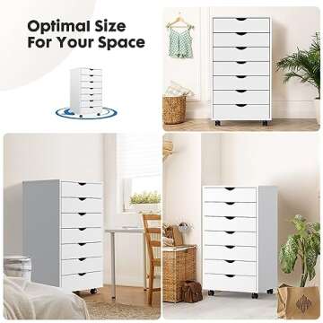 OLIXIS 7 Drawer Chest Wood File Cabinet Rolling Organization Storage Dresser with Wheels for Home Office, 15.75" D x 18.74" W x 34.25" H, White