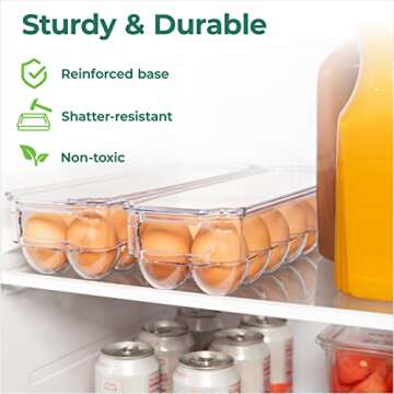 Greenco Refrigerator Organizer Bins for Eggs - Eggs Container for Refrigerator - 14 Egg Organizer Container with Lid & Durable Handle - Stackable Plastic Egg Holder for Refrigerator - Clear, Set of 2