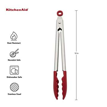 KitchenAid Silicone Stainless Steel Tongs, 12 Inch, Red