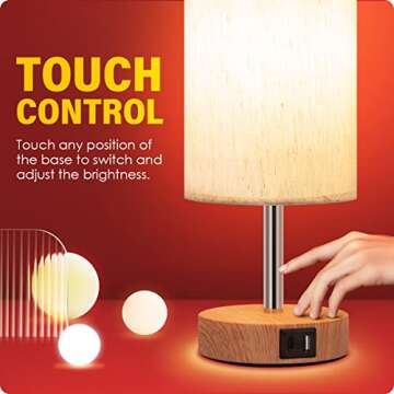 Yarra-Decor Bedside Lamp with USB A+C Port - Touch Control Table Lamp for Bedroom Wood 3 Way Dimmable Nightstand Lamp with Round Flaxen Fabric Shade for Home Office (LED Bulb Included)