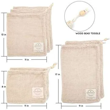 Reusable Produce Bags Organic Cotton | Home Essentials Sustainable Living, Washable Laundry, Travel Organizer, Zero Waste Biodegradable Drawstring Vegetable Mesh Grocery Bag | Set of 7 w/Tare Weights