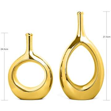 Samawi Gold Vase Set of 2 Gold Ceramic Vase Gold Decor Flower Vase Gold Vases for Decor Gold vases f...