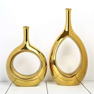 Samawi Gold Vase Set of 2 Gold Ceramic Vase Gold Decor Flower Vase Gold Vases for Decor Gold vases for centerpieces Gold Accent Decor Gold Table Decor Living Room Decor Modern Vases for Home Decor