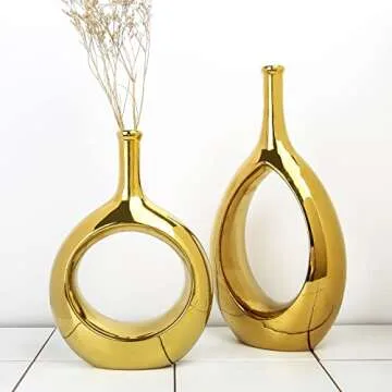 Samawi Gold Vase Set of 2 Gold Ceramic Vase Gold Decor Flower Vase Gold Vases for Decor Gold vases for centerpieces Gold Accent Decor Gold Table Decor Living Room Decor Modern Vases for Home Decor
