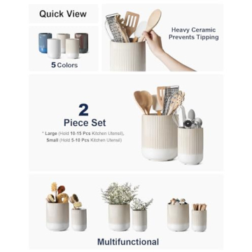 LE TAUCI Utensil Holder, 7.3"+5.4" Ceramic Kitchen Utensil Holder for Countertop, Large Cooking Utensil Crocks Gift for Mom, Boho Farmhouse Kitchen Decor, Set of 2, Reactive Glaze Arctic White