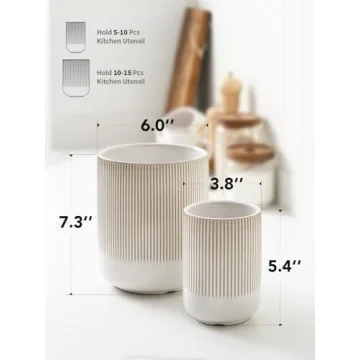 LE TAUCI Utensil Holder, 7.3"+5.4" Ceramic Kitchen Utensil Holder for Countertop, Large Cooking Utensil Crocks Gift for Mom, Boho Farmhouse Kitchen Decor, Set of 2, Reactive Glaze Arctic White