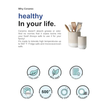 LE TAUCI Utensil Holder, 7.3"+5.4" Ceramic Kitchen Utensil Holder for Countertop, Large Cooking Utensil Crocks Gift for Mom, Boho Farmhouse Kitchen Decor, Set of 2, Reactive Glaze Arctic White