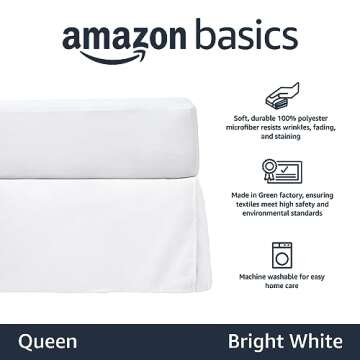 Amazon Basics Lightweight Pleated Bed Skirt, Queen, Bright White, Solid