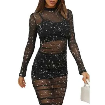 LYANER Women's Mesh Dress Long Sleeve Bodycon 3 Piece Outfits with Cami Shorts Glitter Black Medium