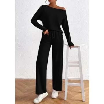 KIRUNDO Womens Fall 2 Piece Outfits 2024 Long Sleeve Off Shoulder Tops & Drawstring Wide Leg Pant Lounge Sets Tracksuit(Black, XX-Large)