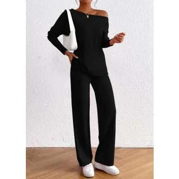 KIRUNDO Womens Fall 2 Piece Outfits 2024 Long Sleeve Off Shoulder Tops & Drawstring Wide Leg Pant Lounge Sets Tracksuit(Black, XX-Large)