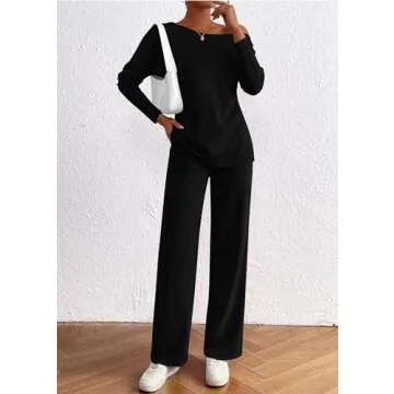 KIRUNDO Womens Fall 2 Piece Outfits 2024 Long Sleeve Off Shoulder Tops & Drawstring Wide Leg Pant Lounge Sets Tracksuit(Black, XX-Large)