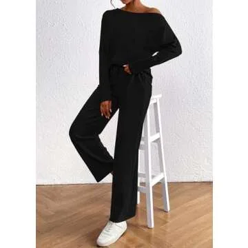 KIRUNDO Womens Fall 2 Piece Outfits 2024 Long Sleeve Off Shoulder Tops & Drawstring Wide Leg Pant Lounge Sets Tracksuit(Black, XX-Large)