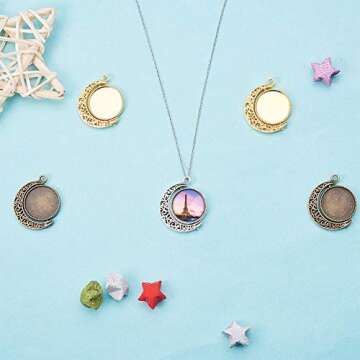 PH PandaHall 18pcs Moon Rotation Tray Bezel, 18mm Double Side Round Blank Bezel Pendant, 36pcs Transparent Glass Cabochon for Jewelry Making Photo Pendant DIY Craft