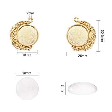 PH PandaHall 18pcs Moon Rotation Tray Bezel, 18mm Double Side Round Blank Bezel Pendant, 36pcs Transparent Glass Cabochon for Jewelry Making Photo Pendant DIY Craft