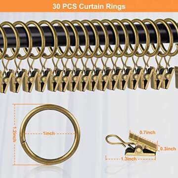 30 PCS Antique Brass Clips Curtain Hooks for Curtain Rod, This Small Drapery Curtain Ring with Clips Hook Fit Up to 0.4~0.75 -inch Drapery Panel
