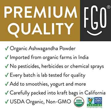 FGO Organic Ashwagandha Root Powder, 16oz Resealable Bulk Bag, Non-GMO, Indian Ginseng, Withania Somnifera, Sourced from India (Pack of 1)