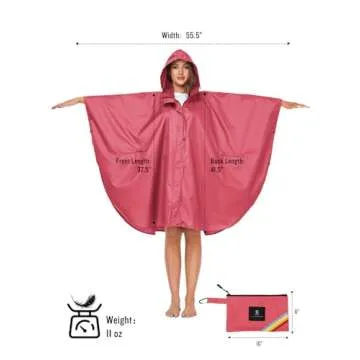 SaphiRose Waterproof Rain Poncho for Adults - Rose Red