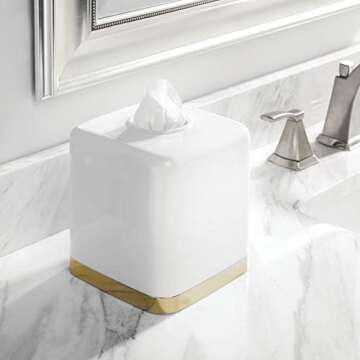 mDesign Plastic Square Disposable Facial Tissue Box Cover for Bathroom Vanity, Countertop, Bedroom Dresser, Night Stand, Office Desk, End Table, Hold Paper Tissues - Hyde Collection - White/Soft Brass