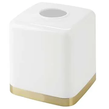 mDesign Plastic Square Disposable Facial Tissue Box Cover for Bathroom Vanity, Countertop, Bedroom Dresser, Night Stand, Office Desk, End Table, Hold Paper Tissues - Hyde Collection - White/Soft Brass