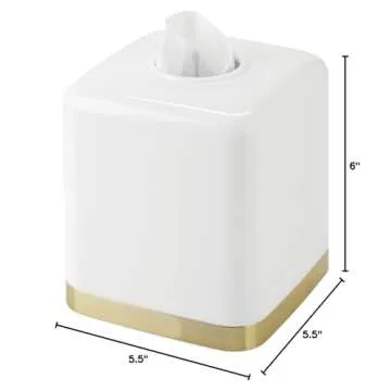 mDesign Plastic Square Disposable Facial Tissue Box Cover for Bathroom Vanity, Countertop, Bedroom Dresser, Night Stand, Office Desk, End Table, Hold Paper Tissues - Hyde Collection - White/Soft Brass