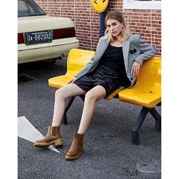 starmerx Women Platform Ankle Boots Elastic Chelsea Boots Mid Heel Slip on Booties (9,Brown)