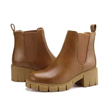 starmerx Women Platform Ankle Boots Elastic Chelsea Boots Mid Heel Slip on Booties (9,Brown)