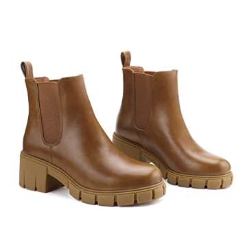 starmerx Women Platform Ankle Boots Elastic Chelsea Boots Mid Heel Slip on Booties (9,Brown)