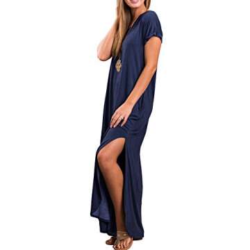 GRECERELLE Women Casual Sundresses Short Sleeve Shirt Dress Split Maxi Long Beach Dresses Travel Vacation 2025 Summer Outfits XL, Navy Blue