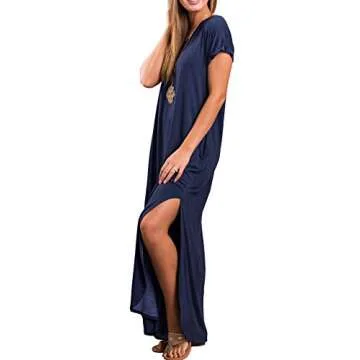 GRECERELLE Women Casual Sundresses Short Sleeve Shirt Dress Split Maxi Long Beach Dresses Travel Vacation 2025 Summer Outfits XL, Navy Blue