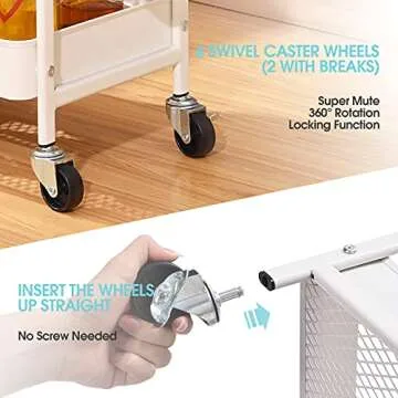 TOOLF 3-Tier Rolling Cart, Metal Utility Storage Cart with DIY Pegboards, Art Craft Trolley with Baskets Hooks, Serving Organizer Easy Assemble for Office, Home, Kitchen, Classroom (White)