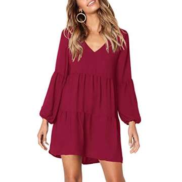 Amoretu Women Long Sleeve Casual V Neck Loose Swing Tunic Shift Dress Burgundy M