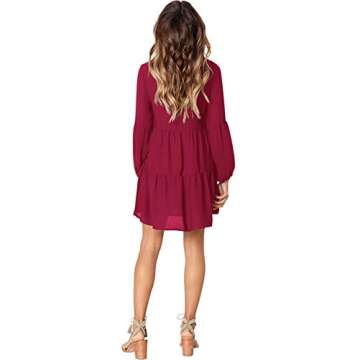 Amoretu Women Long Sleeve Casual V Neck Loose Swing Tunic Shift Dress Burgundy M