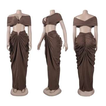Tcremisa Women's Sexy Summer 2 Piece Vacation Outfits Stretch Off Shoulder Tube Top and Long Ruched Skirts Suit Set Brown
