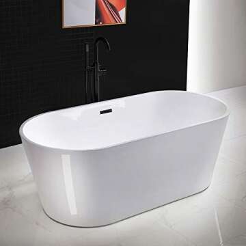 WOODBRIDGE 67" Acrylic Freestanding Bathtub Contemporary Soaking Tub, White Acrylic (Matte Black Dra...