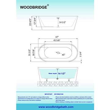 WOODBRIDGE 67" Acrylic Freestanding Bathtub Contemporary Soaking Tub, White Acrylic (Matte Black Drain/Overflow), B0013-MB-Drain &O