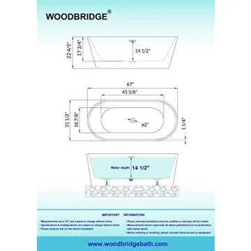 WOODBRIDGE 67" Acrylic Freestanding Bathtub Contemporary Soaking Tub, White Acrylic (Matte Black Drain/Overflow), B0013-MB-Drain &O