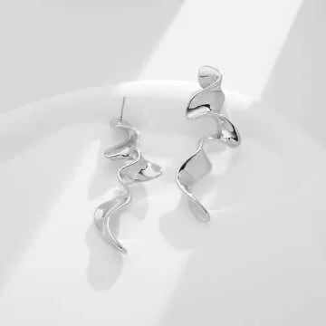 INNERDIVA Silver Abstract Irregular Spiral Geometric Statement Earrings Spiral Geometric Earrings Twist Dangle Earrings