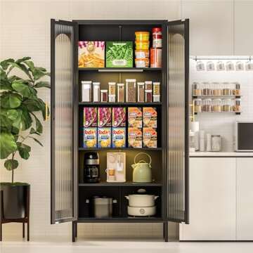 VASAAOSD 71" Kitchen Pantry Storage Cabinet, Metal Display Cabinet with Glass Doors and Lights, Tall...