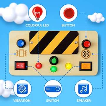 POLKRANE Busy Board with LED Light, Wooden Sensory Toys for Toddlers, Montessori Toys with Toggle Sw...