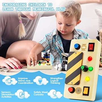 POLKRANE Busy Board with LED Light, Wooden Sensory Toys for Toddlers, Montessori Toys with Toggle Switch, Travel Toys for Educational Toddler Activities for 1 2 3 4 Year Old Boys & Girls, Learning Toy